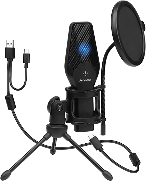 USB Microphone, Goojodoq Condenser Mic with Tripod Stand and Pop Filter for Recording Vocals,Podcasting,Streaming,Gaming,YouTube, Skype, Twitch,Compatible with Laptop MAC or Windows, USB A or C Plug
