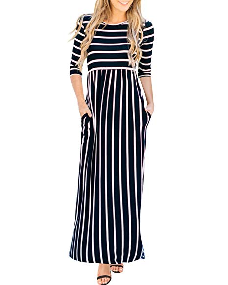 GIKING Women's Casual 3/4 Sleeve Striped Floral Pleated Long Maxi Dress with Pockets