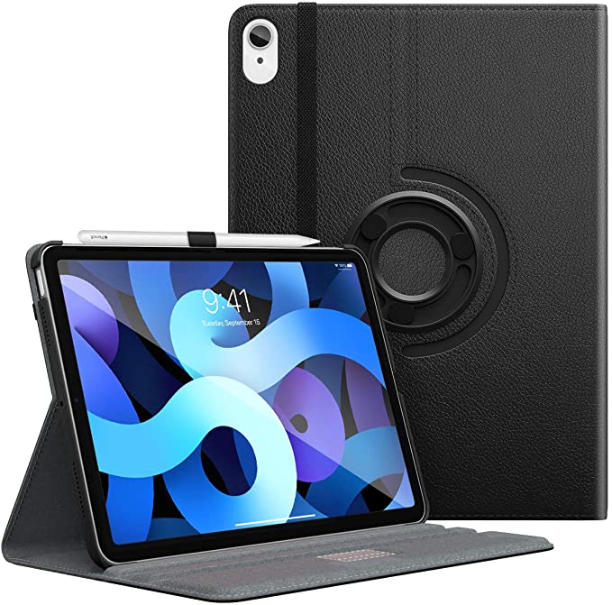 MoKo Case Fit New iPad Air 4th Generation 2020 / iPad 10.9 Case - 90 Degree Rotating Stand Leather Cover,Smart Swivel Case with Auto Sleep/Wake for iPad Air 4 10.9 inch 2020,Black