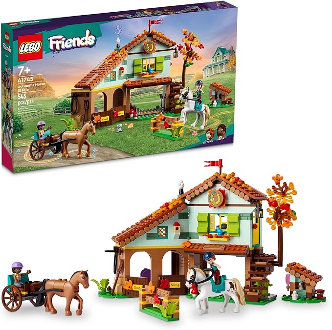 LEGO Friends Autumn’s Horse Stable 41745 Building Toy, Role-Play Fun for Kids Ages 7 , with 2 Mini-Dolls and 2 Horses, Carriage and Riding Accessories, A Gift Birthday Gift for Kids Who Love Horses