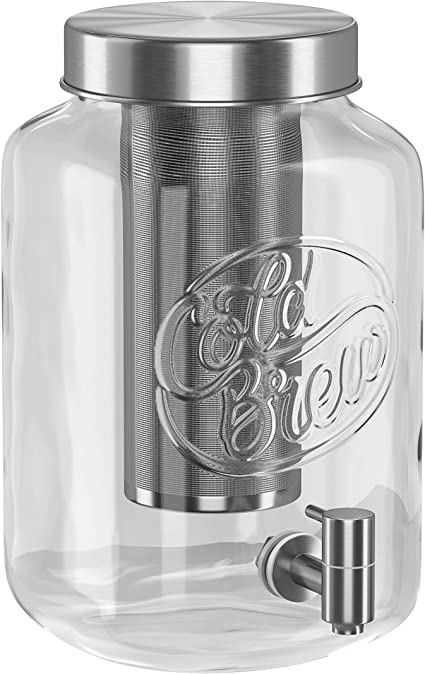 Kook Cold Brew Brewer & Dispenser, Mason Jar Drink Dispenser, Stainless Steel Spigot and Mesh Filter, 1 Gallon