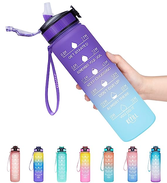 Giotto 32oz Large Leakproof BPA Free Drinking Water Bottle with Time Marker & Straw to Ensure You Drink Enough Water Throughout The Day for Fitness - Ombre Purple Green, Silicone, Pack of 1