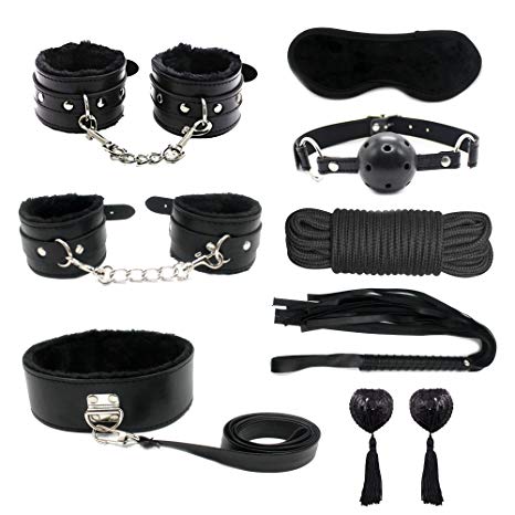 5-8Pcs Adult Sexy Soft Comfortable Fur Leather Handcuffs, Faux Soft Suede Leather Whips, Velvet Cloth Blindfold Eye Mask, Silicone Mouth Gag And Sexy Collar For Couples Role Play Sex Play Kit (Black)