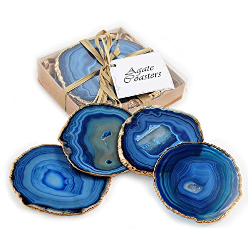 Set of 4 Gilt-Edged Blue Agate Coasters