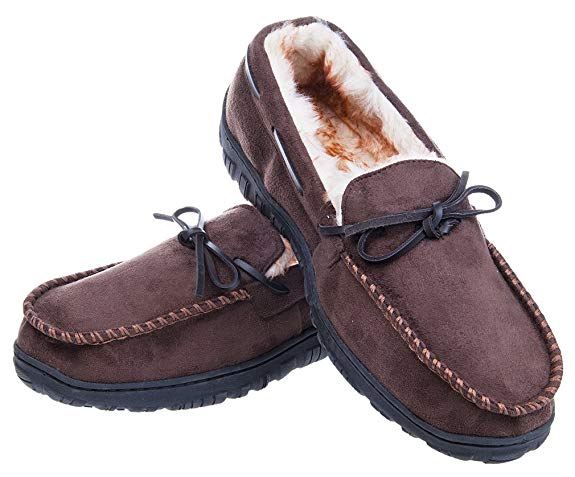 Festooning Moccasin House Slippers for Men Thick Plush Lined Memory Foam Anti-Slip Sole Casual Shoes Indoor Outdoor