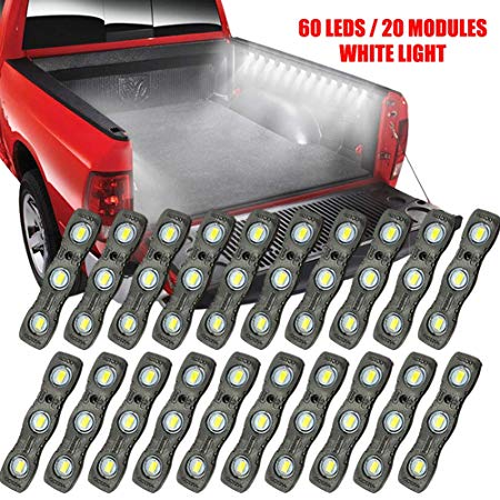Ampper LED Truck Bed Light Kit, 60 LEDs Cargo Lighting Strips W/Switch Fuse Splitter Cable for Truck Bed, Foot Wells, Under Car, Rail Light and More (2 Strips, 20 Pcs, White)