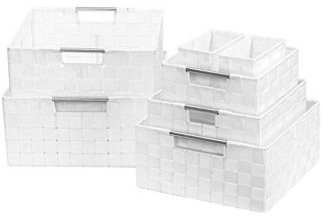 Sorbus Storage Box Woven Basket Bin Container Tote Cube Organizer Set Stackable Storage Basket Woven Strap Shelf Organizer Built-in Carry Handles (7 Piece - White)