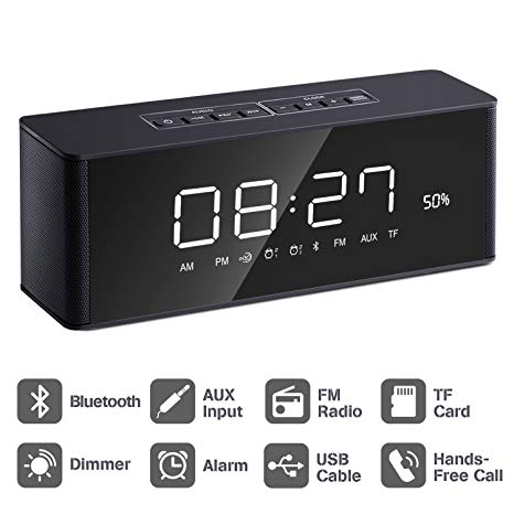 Alarm Clock Radio Bluetooth Speaker [2019 Upgraded] with Digital FM Stereo, Dimmable LED Display, Dual Alarm, Snooze, AUX-in for Bedrooms