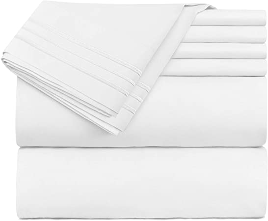 Nestl Solid Queen Sheet Set - 6 Piece Soft Deep Pocket Bed Sheets - 1 Fitted Sheet, 1 Flat Sheet, 2 Pillowcases with Lines and 2 Without Lines - Shrinkage and Fade Resistant (Queen, White)