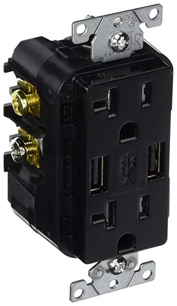 Leviton T5832-E 20-Amp USB Charger/Tamper Resistant Duplex Receptacle, Black