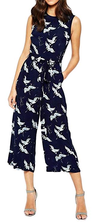 Allonly Women Sleeveless Crane Printed Wide Leg Pants Party Jumpsuit Rompers