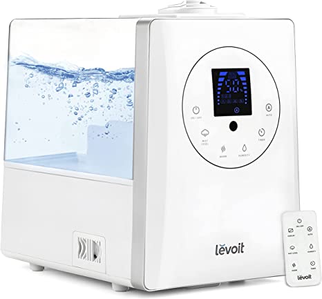 LEVOIT Cool & Warm Humidifiers Essential Oil Diffuser for Large Home 6L, Auto Mode, Dual Nozzles with Remote Control, Timer, Customized Relative Humidity for 70㎡ Office Room Plants, Up to 60H White