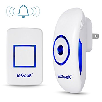 Wireless Doorbell, ieGeek Waterproof Door Bell Chime Kit for Home with 1 Plug-In Receiver and 1 Push Button Transmitter Operating at 1000 Feet Range, 36 Melodies, 4 Level Volume, LED Indicator (White)