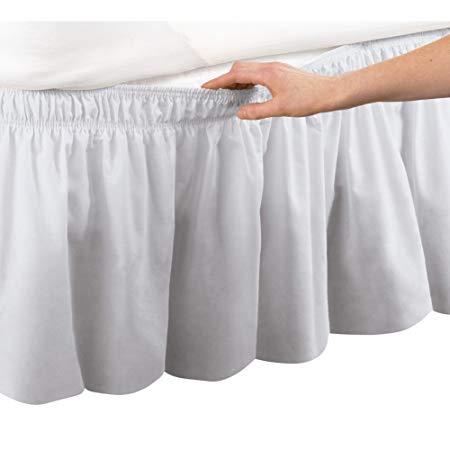 Collections Etc Wrap Around Bed Skirt, Easy Fit Elastic Dust Ruffle, White, Twin/Full