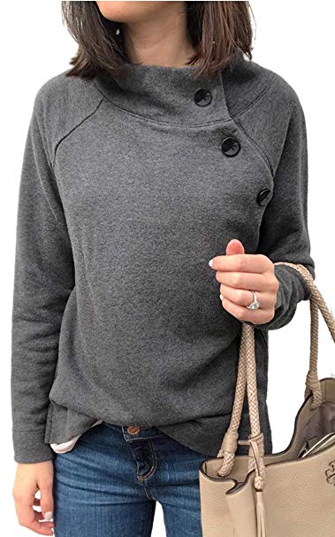 Angashion Women's Sweatshirts - Casual Button Down Asymmetrical High Neck Fleece Lined Long Sleeve Pullover Sweatshirt Tops