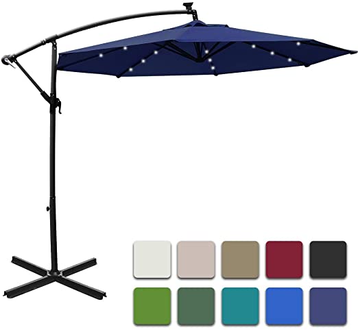 Mefo garden 10ft Solar Patio Outdoor Umbrella Offset Cantilever Hanging Umbrella 360 Degree Rotation with 24 LED Lights and Heavy Duty Steel Cross Base,Navy Blue