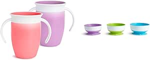 Munchkin® Miracle® 360 Trainer Sippy Cup with Handles, Spill Proof, 7 Ounce, 2 Pack, Pink/Purple & Stay Put™ Suction Bowls for Babies and Toddlers, 3 Pack, Blue/Green/Purple