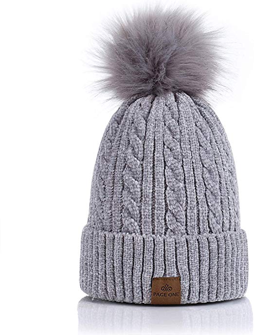 PAGE ONE Women Winter Pom Pom Beanie Hats Warm Fleece Lined,Chunky Trendy Cute Chenille Knit Twist Cap