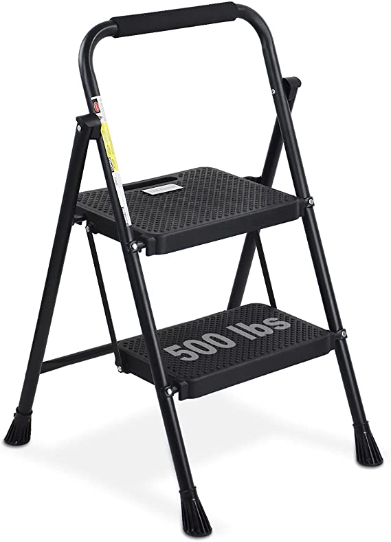 HBTower 2 Step Ladder, Folding Step Stool with Wide Anti-Slip Pedal, Sturdy Steel Ladder, Convenient Handgrip, Lightweight 500lbs Portable Steel Step Stool, Black