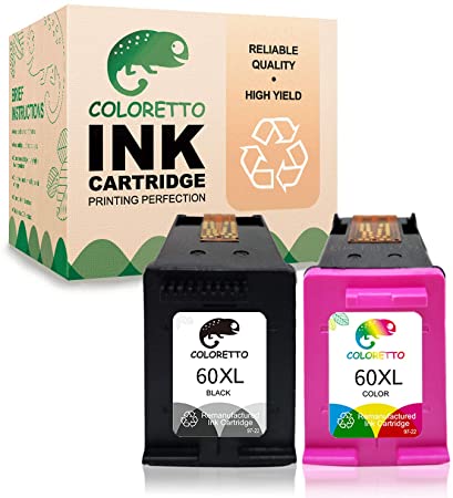 Coloretto Re-Manufactured Printer Ink Cartridge Replacement for HP 60 60XL 60 XL，Ink Level Display for CC641WN CC644WN for Photosmart C4680 D110 Deskjet D2680 D1660 D2530 F2430 F4210（1 Black 1 Color）