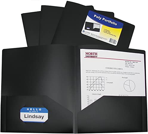 C-Line Two-Pocket Heavyweight Poly Portfolio, For Letter Size Papers, Includes Business Card Slot, 1 Display Case of 25 Portfolios, Black (33951-25)