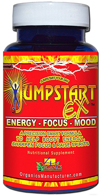 Jumpstart EX Energy, Focus & Mood Supplement Bottle (30 Capsules) by 4 Organics - All Natural Energy Pill - Long Lasting - No Jitters - Satisfaction Guarantee