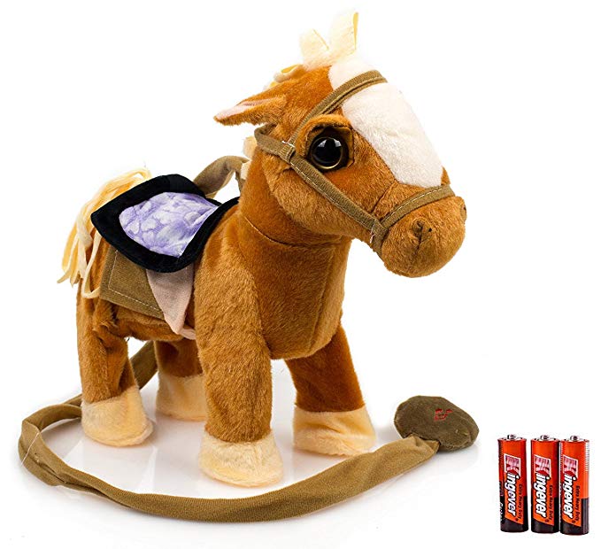 Toysery Kids Walking Pony Walk Along Toy Stuffed Plush Pony Toy, Realistic Walking Actions with Horse Sounds and Music (Battery Operated) Colors May Vary