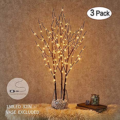 Hairui Lighted Willow Branches Brown with Fairy Lights Decor 32in 150LED, Pre-lit Twig Tree Branch Lights for Home Garden Holiday Valentine Decoration Plug in 3 Pack (Vase Excluded)