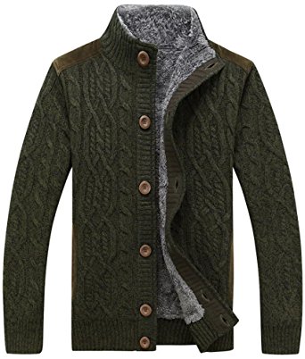 HENGAO Men's Stand Collar Cable Knit Cardigan Sweater