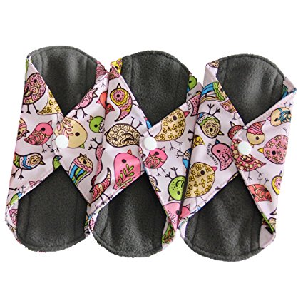 Heart Felt Bamboo Reusable XL Cloth Menstrual Pads (3 Pack, Heavy Flow) with Charcoal Absorbency Layer, Washable Sanitary Napkins, Overnight Long Panty Liners (Bird Print)
