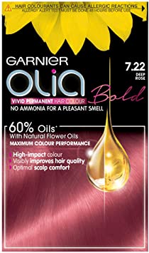 Garnier Olia Deep Rose Hair Dye Permanent, Up to 100% Grey Hair Coverage, No Ammonia for a Pleasant Scent, 60% Oils - 7.22 Deep Rose