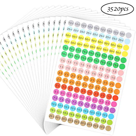 Cocoboo 3520pcs Garage Sale Price Stickers, 0.75 inch Preprinted Pricing Labels, 12 Colors