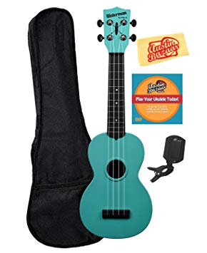 Kala KA-SWG-BL Waterman Soprano Ukulele - Glow-in-the-Dark Aqua Matte Bundle with Gig Bag, Tuner, Austin Bazaar Instructional DVD, and Polishing Cloth