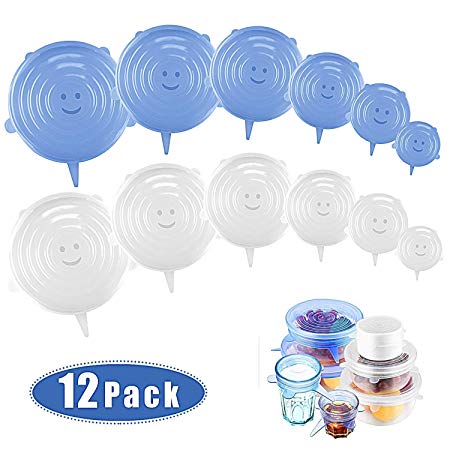 Soneer Stretch Silicone lids,12 Pcs Silicone Food Covers,Reusable Food Saving Cover Stretch Lids Cover Wrap in Various Sizes for Bowls,Mugs, Cans, Fruit