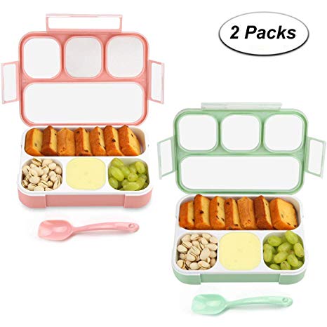 Bento Box 4 Compartments Lunch Box from eMigoo, Green and Pink, 2 Pieces