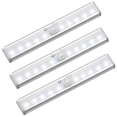 Motion Sensor Light Indoor, OxyLED Sensor Wardrobe Light, LED Closet Light, Under Cupboard Lighting battery operated with Stick-On Magnetic Strip, Auto On/Off Stick-On Anywhere for Wall Closet Cabinet, Stairs, Drawer, Wardrobe, White,(10 LED, 3Pack)