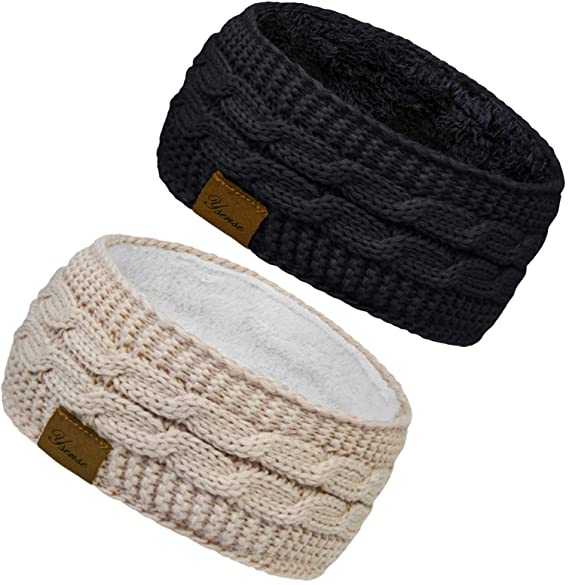 2 Pack Ear Warmer Headband Women Winter Cable Knit Headband Twist Fuzzy Fleece Lined