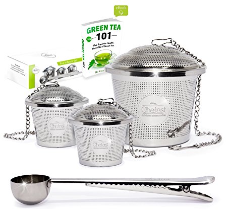 Tea Infuser Set by Chefast (2 1 Pack) - Premium Stainless Steel Strainers for a Superior Loose Leaf Tea Experience - Includes 2x Single Cup Infusers, 1x Multi Cup Infuser, Scoop with Bag Clip & eBook