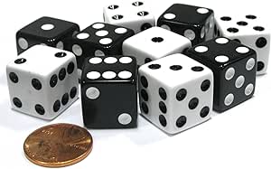 Set of 10 Six Sided 16mm D6 Dice - 5 Black w White Pip and 5 White w Black Pip by Koplow Games