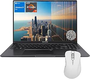 ASUS Vivobook 16 Ryzen 7 Business Laptop, 16" FHD  Display, AMD Ryzen 7 7730U, 16GB RAM, 1TB SSD, Backlit KB, FP Reader, Webcam, Wi-Fi 6, W11P, Black, with Thunderobot ML101 Wireless Mouse Bundle