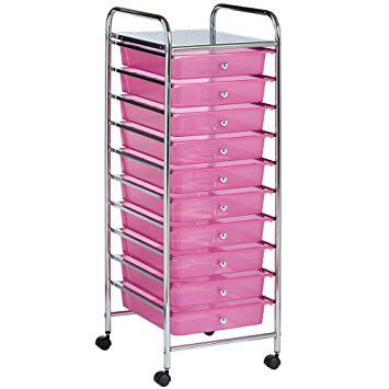 VonHaus 10 Drawer Storage Trolley | For Home Office Stationery and Organisation or Salon, Make-up, Hairdressing & Beauty Accessories | Mobile Design with 4 Tier Shelving and Castor Wheels | Pink