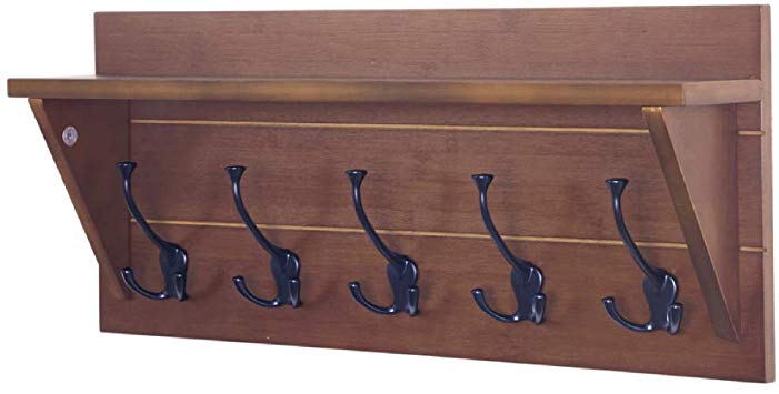 WILSHINE Coat Rack Wall Mounted 24'' Entryway Shelf with 5 Triple Hooks for Bathroom Bedroom, Retro Brown