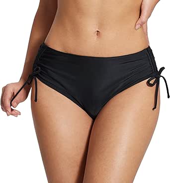 BALEAF Women's Bikini Bottom Mid Waisted Adjustable Side Tie Swim Bottoms Ruched Cheeky Mid Coverage Swim Briefs