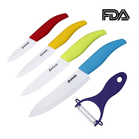 Coiwin Kitchen Cutlery White Ceramic Knife Set With Sheaths - Super Sharp & Rust Proof & Stain Resistant ( 6" Chef Knife, 5" Utility Knife, 4" Fruit Knife, 3" Paring Knife, One Peeler )