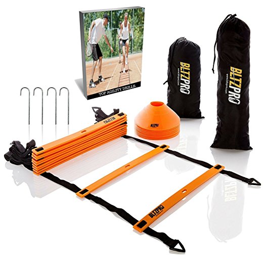 AGILITY LADDER with SOCCER CONES-A Fitness Training Gear used by Athelets & Coaches for teams sports.15ft long| Adjustble Rungs| 10 Cones| 2 Carry Bags| 4 pegs |footwork drills ebook, Bltzpro