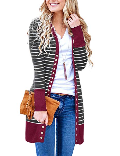 MEROKEETY Women's V Neck Striped Long Sleeve Snap Button Down Ribbed Contrast Color Cardigan