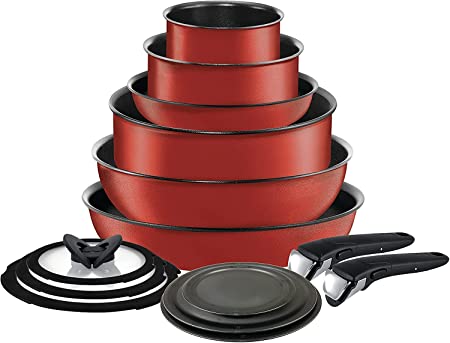 T-fal Ingenio Nonstick Cookware Set 14 Piece Induction Stackable, Detachable Handle, Removable Handle Cookware, Pots and Pans, Oven, Broil, Dishwasher Safe Red