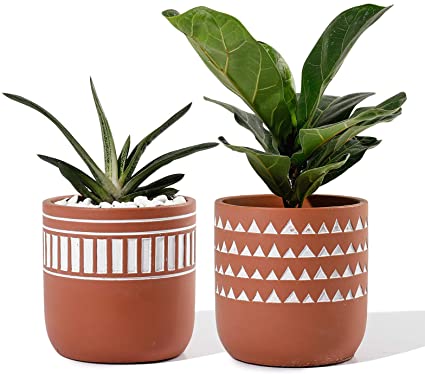 POTEY Indoor Plant Pots Cement - 4.13 Inch Medium Planter Flower Containers Clay Modern Decorative with Drain Hole - Set of 2 Terracotta, Unglazed 211921