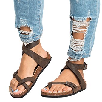 Womens Sandals Flat Ankle Buckle Gladiator Thong Flip Flop Casual Summer Shoes