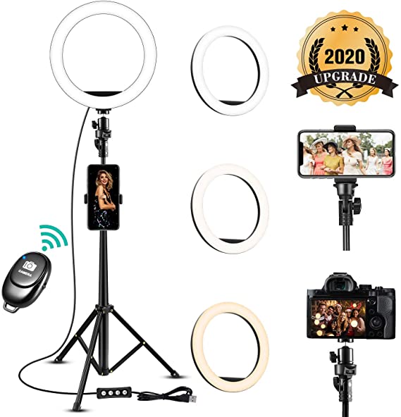 10'' Selfie Ring Light with Tripod Stand, Upgraded Dimmable Ring Light for iPhone Android Smartphones with Phone Holder LED Circle Ring Light for TikTok YouTube Live Stream Makeup Beauty RingLight